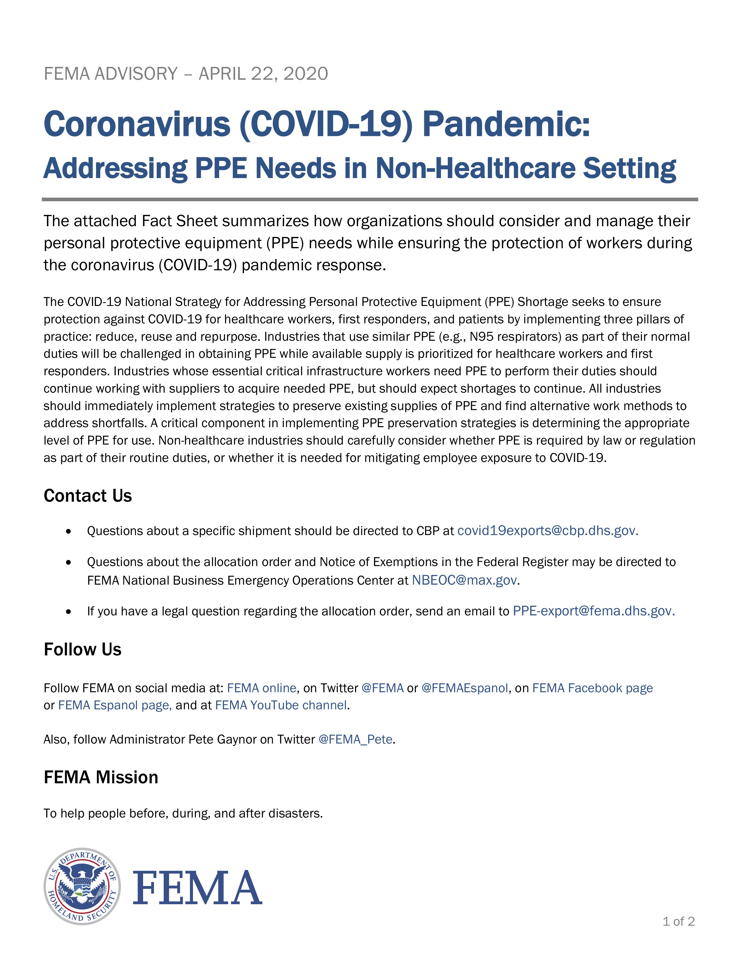 Coronavirus (COVID-19) Pandemic:  Addresssing PPE Needs in Non-Healthcare Setting - FEMA Advisory - download the document