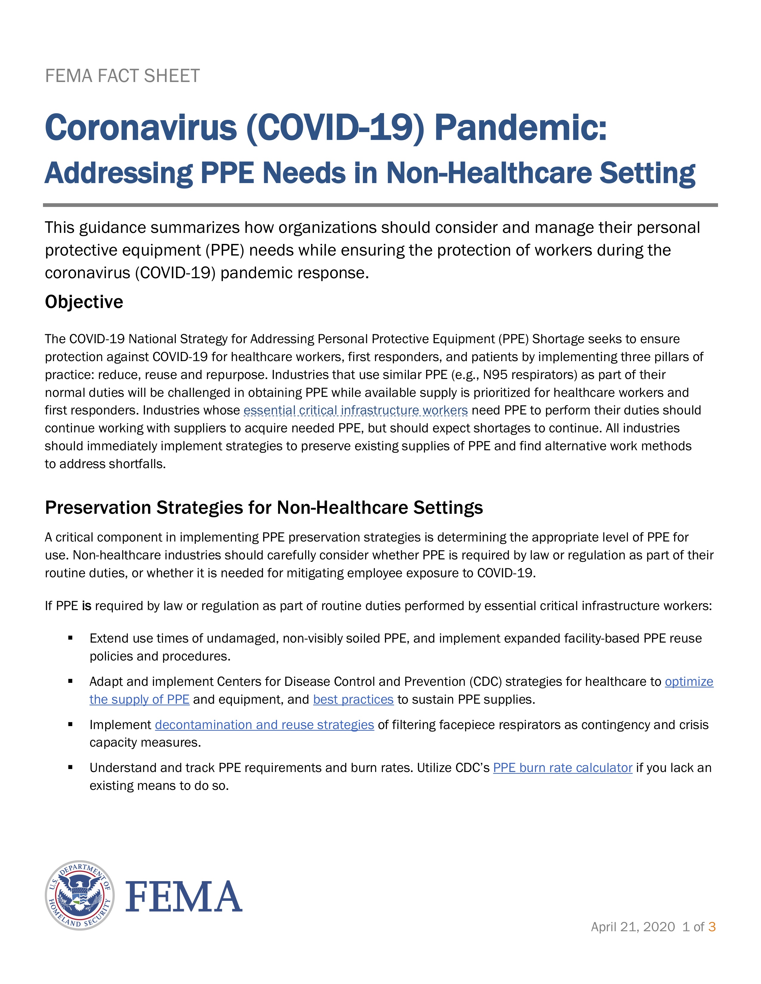 Coronavirus (COVID-19) Pandemic:  Addresssing PPE Needs in Non-Healthcare Setting - FEMA Factsheet - download the document